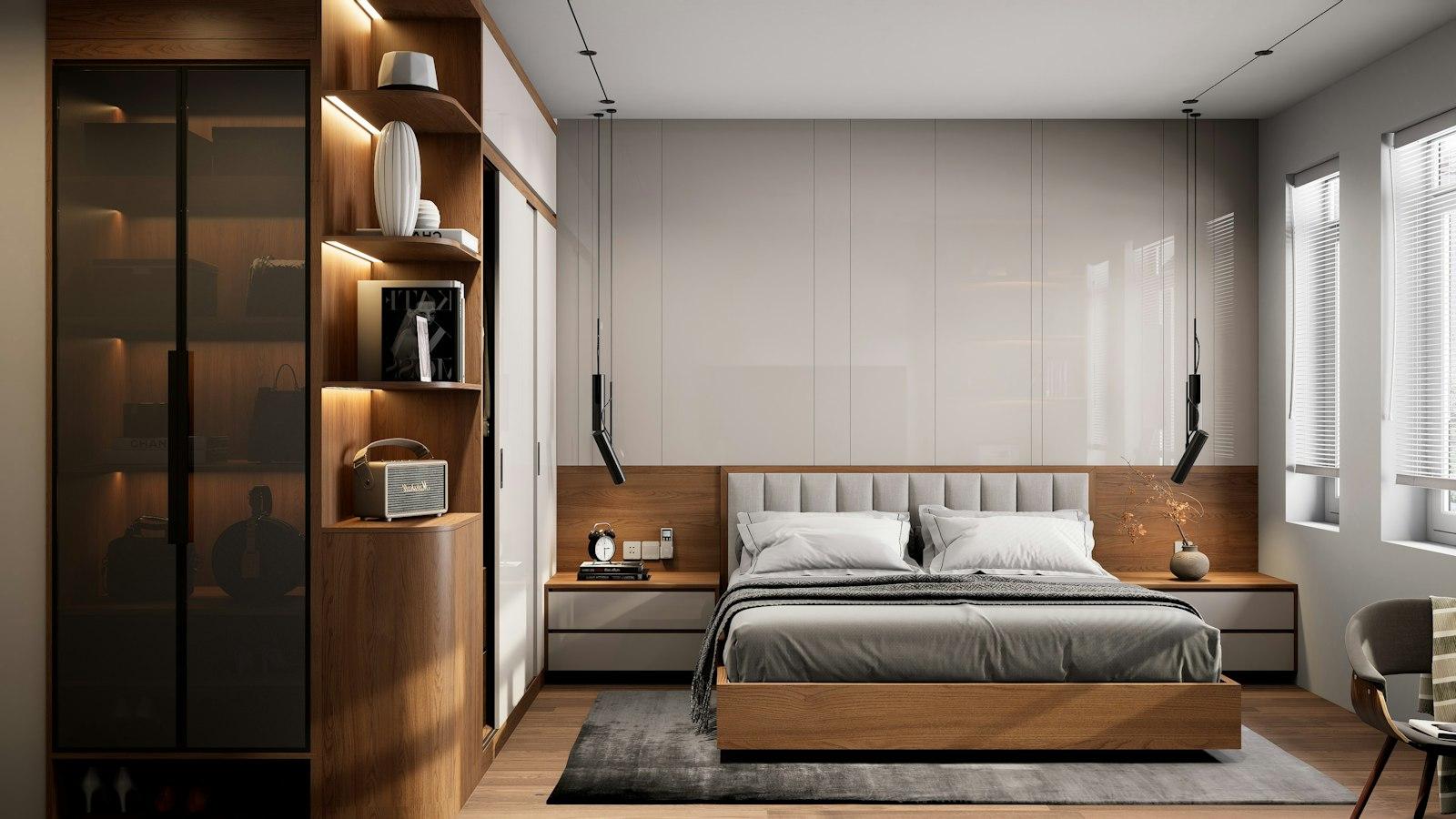A modern bedroom with a wooden bed frame and soft lighting