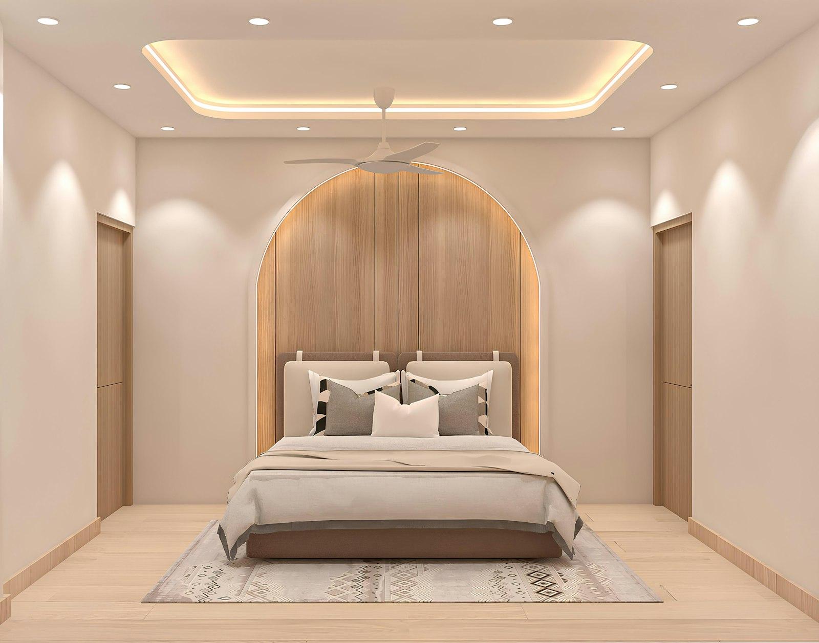 A warm neutral bedroom with an arched wooden headboard wall